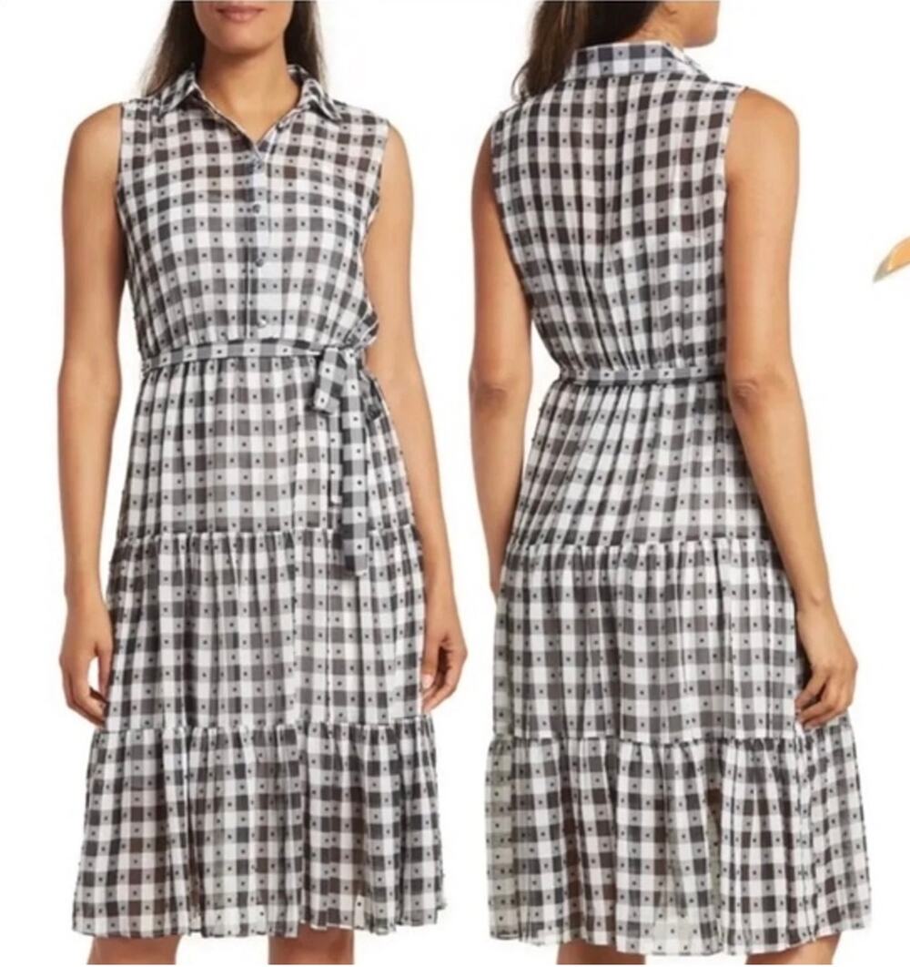 Nanette Lepore Gingham Dobby Tiered Shirtdress in Black & White - Size 10